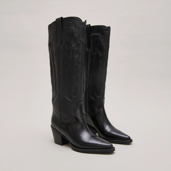 Bottes à talons épais et surpiqures apparentes en cuir grainé noir | DILO | Jonak