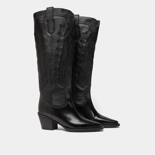 Bottes à talons épais et surpiqures apparentes en cuir grainé noir | DILO | Jonak