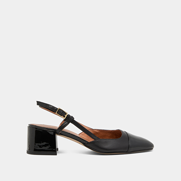 Slingbacks à petits talons en vernis et cuir noirs | dhapopy