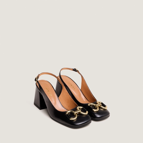 Escarpins à bouts carrés et mors dorés... en cuir noir | DOUBLE | Jonak