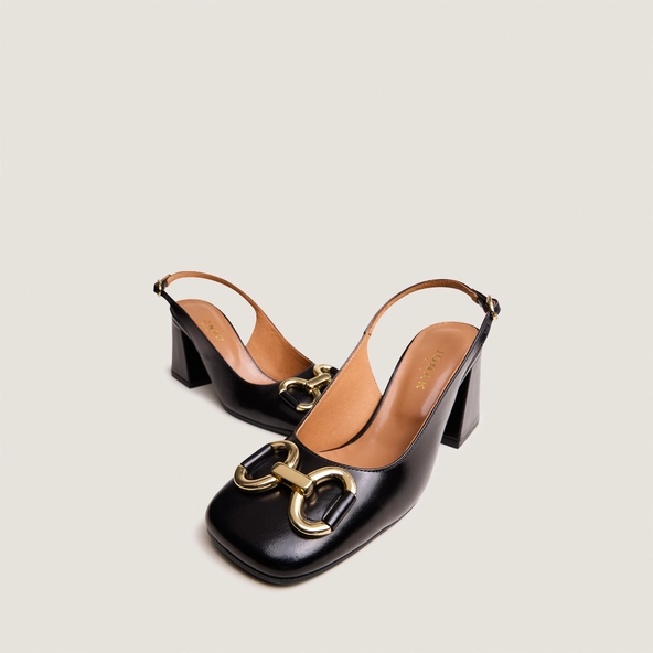 Escarpins à bouts carrés et mors dorés... en cuir noir | DOUBLE | Jonak