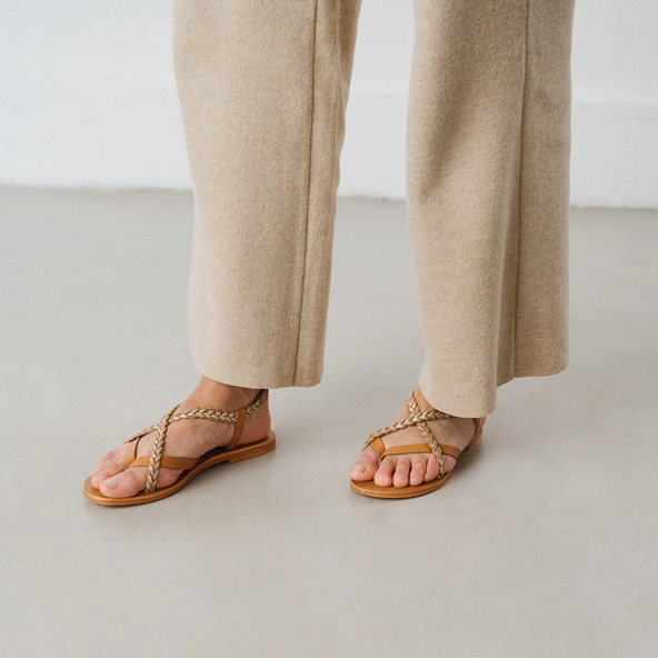 Sandales à brides tressées en cuir camel et or | WARREN | Jonak