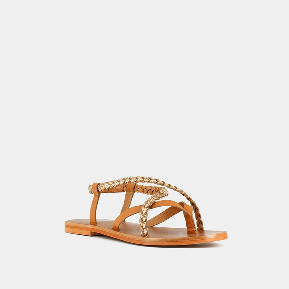 Sandales à brides tressées en cuir camel et or | WARREN | Jonak