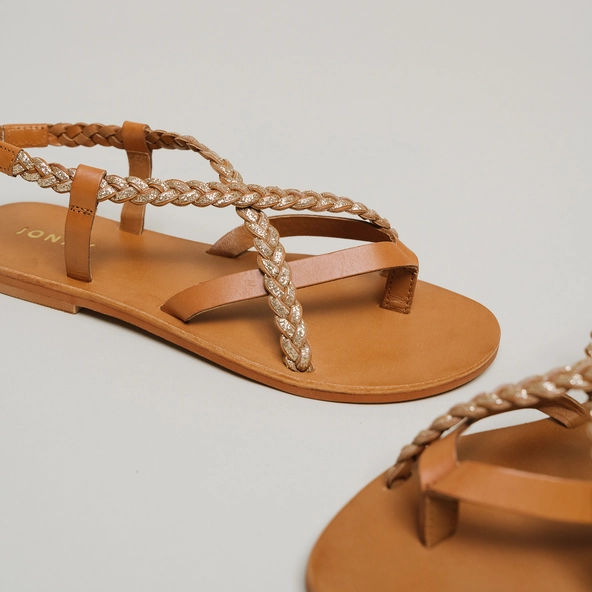 Sandales à brides tressées en cuir camel et or | WARREN | Jonak