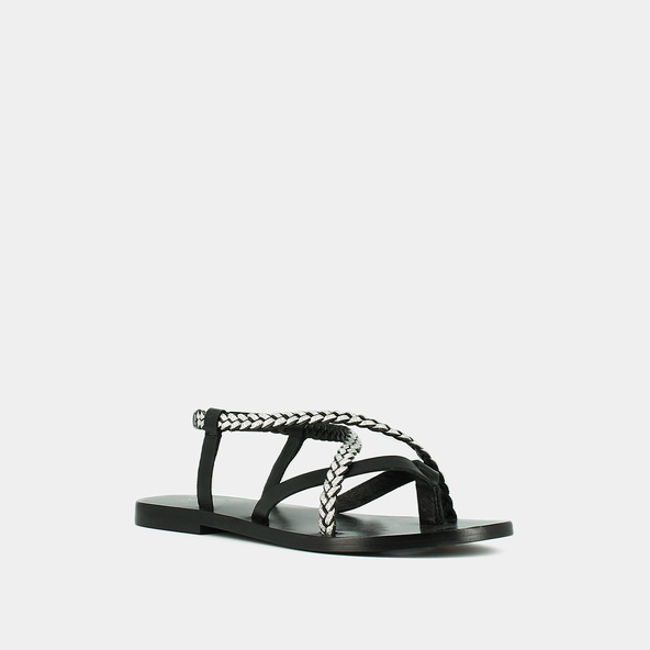 Nu-pieds à brides tressées en cuir noir et argent | WARREN | Jonak