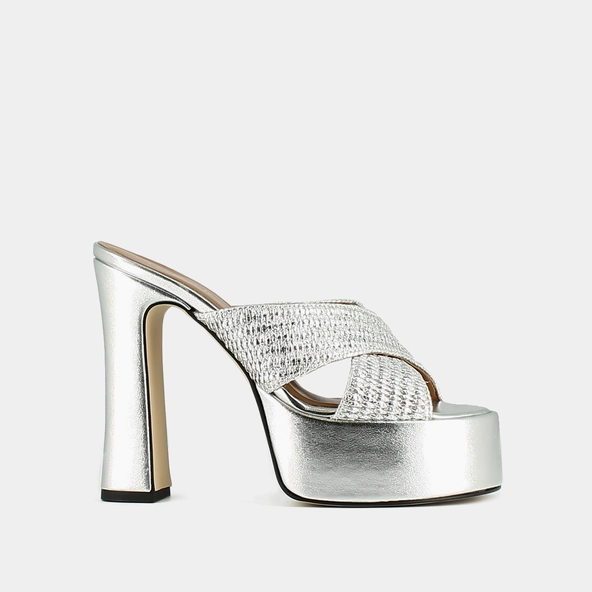 Mules &agrave; brides crois&eacute;es et plateformes en raphia m&eacute;tallis&eacute; argent | JACKIE | Jonak