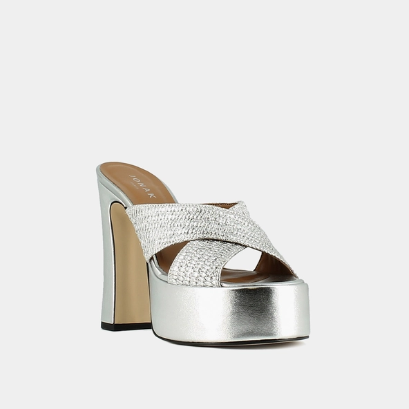 Mules &agrave; brides crois&eacute;es et plateformes en raphia m&eacute;tallis&eacute; argent | JACKIE | Jonak