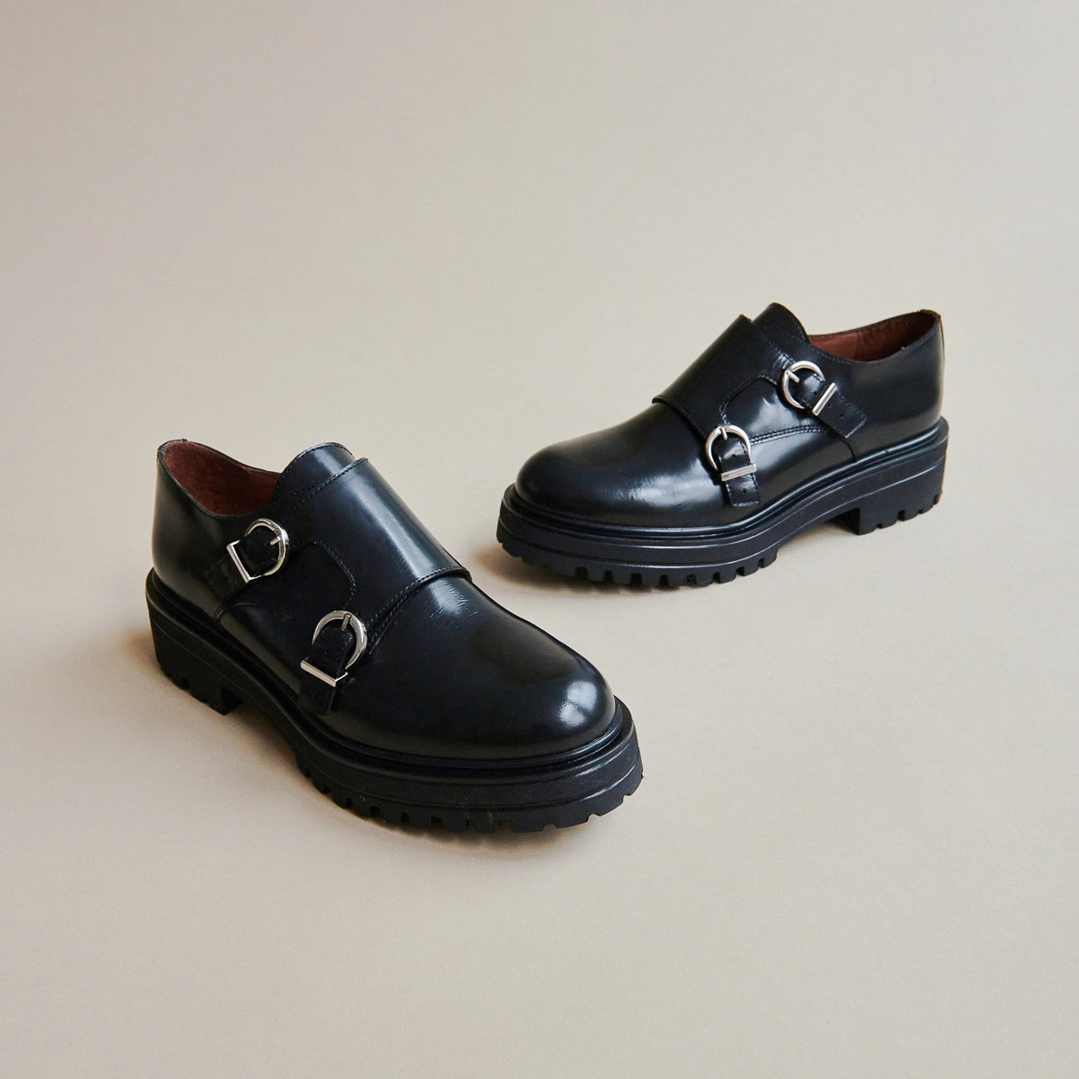 Derbies à doubles boucles et semelles cr... en cuir glacé noir | AMSTERDAM | Jonak