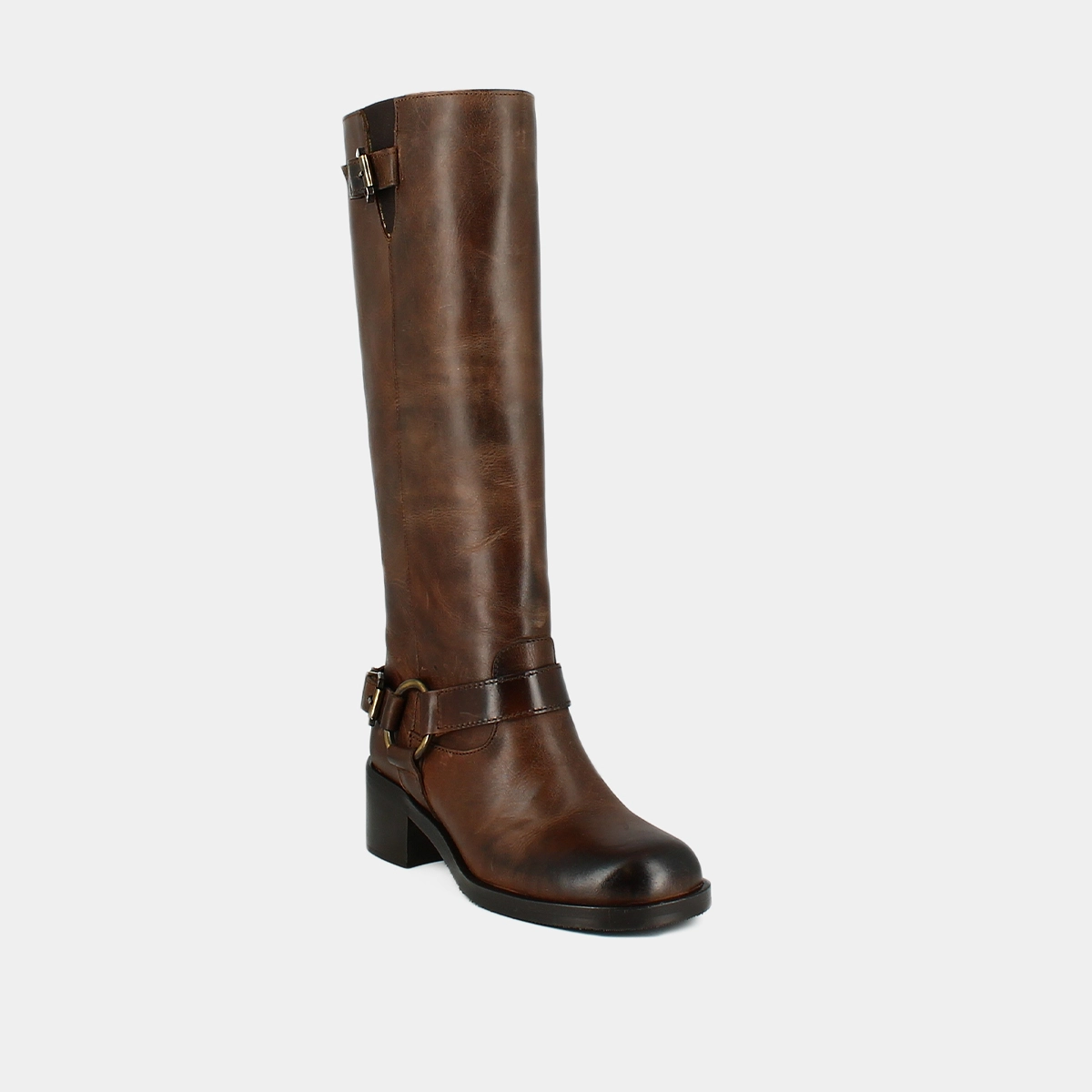 Bottes hautes à bouts ronds et boucles en cuir vieilli marron | ROYAN | Jonak