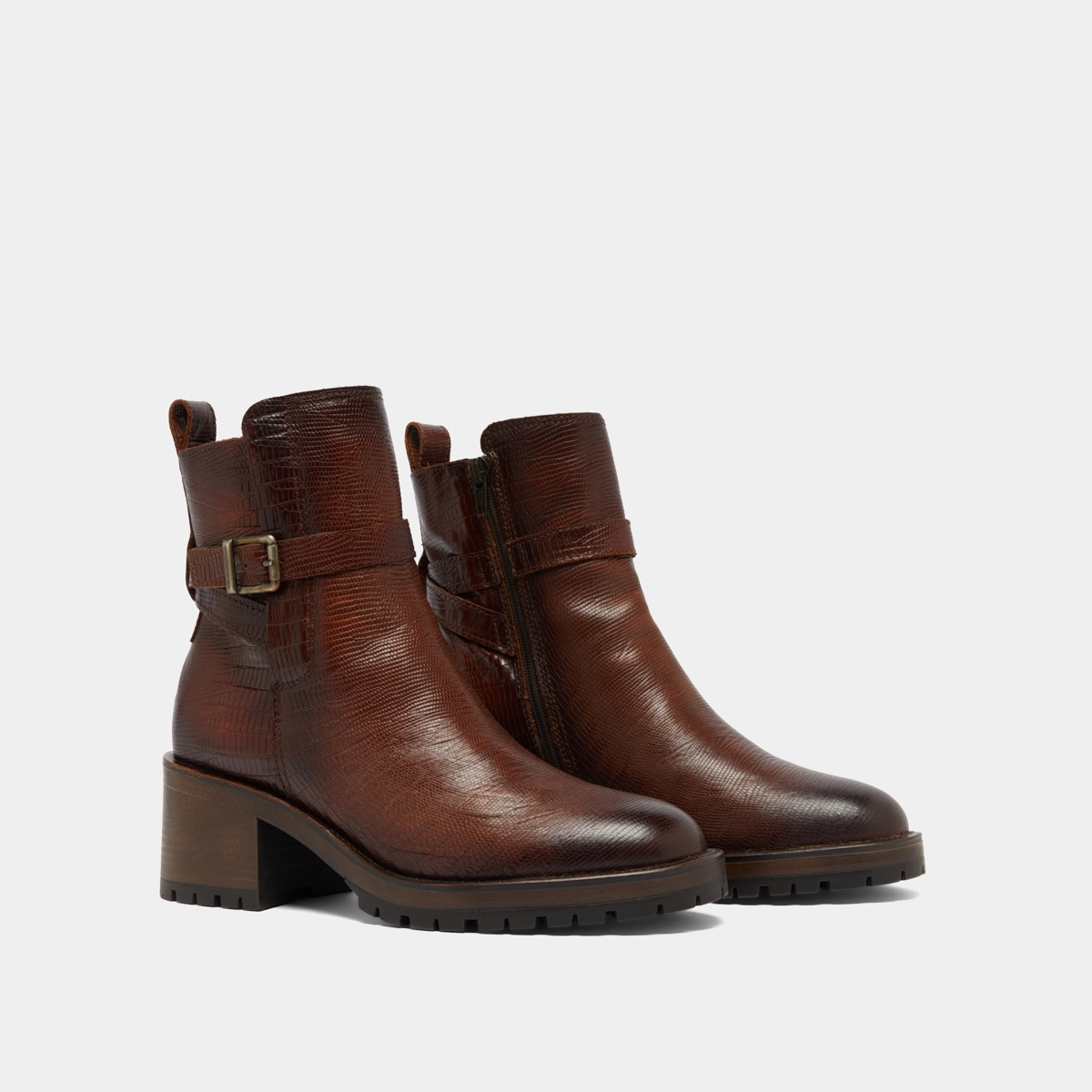 Bottines &agrave; bouts ronds et boucles en cuir reptile cognac | CLOVIS | Jonak
