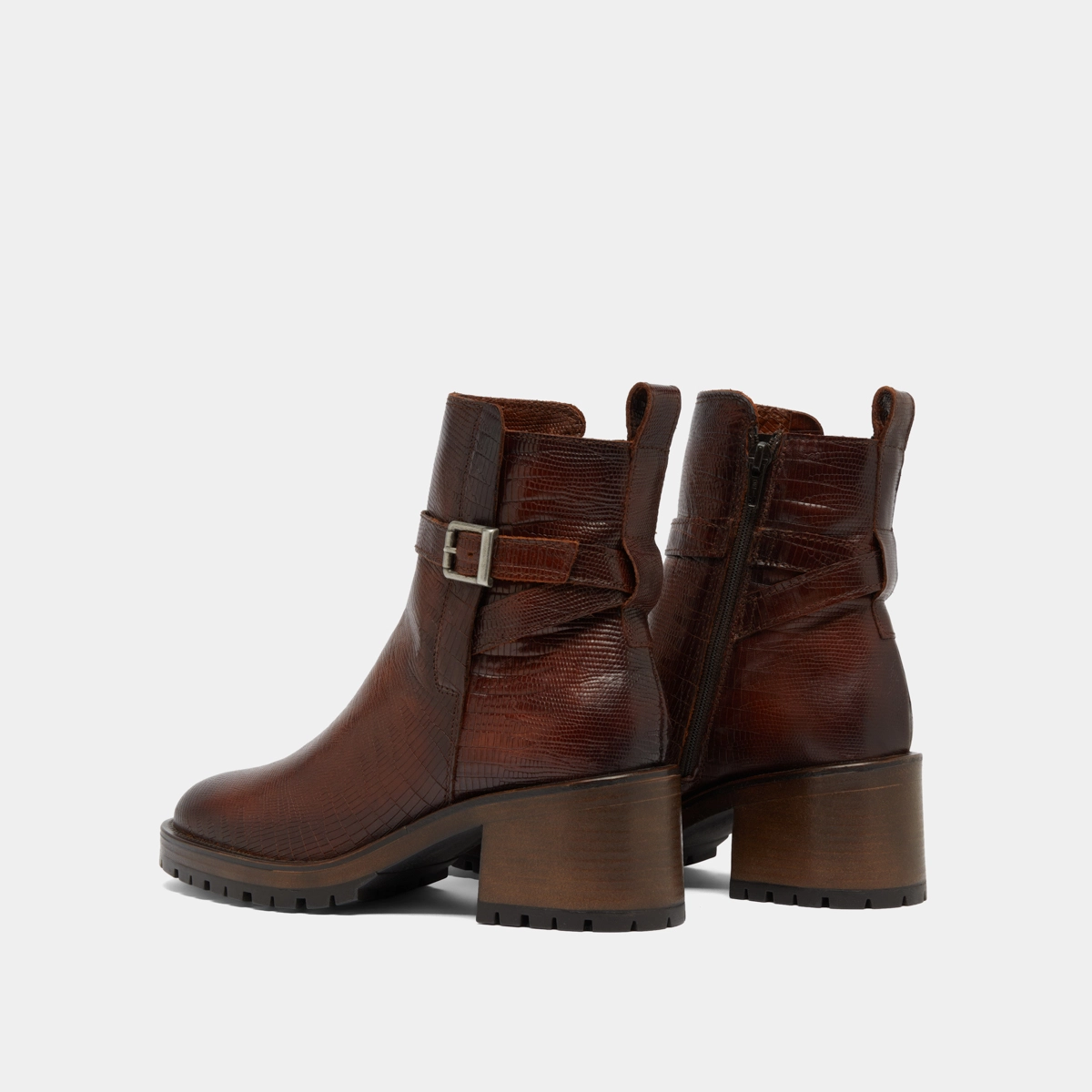 Bottines &agrave; bouts ronds et boucles en cuir reptile cognac | CLOVIS | Jonak