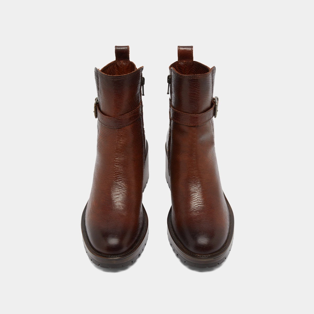 Bottines &agrave; bouts ronds et boucles en cuir reptile cognac | CLOVIS | Jonak