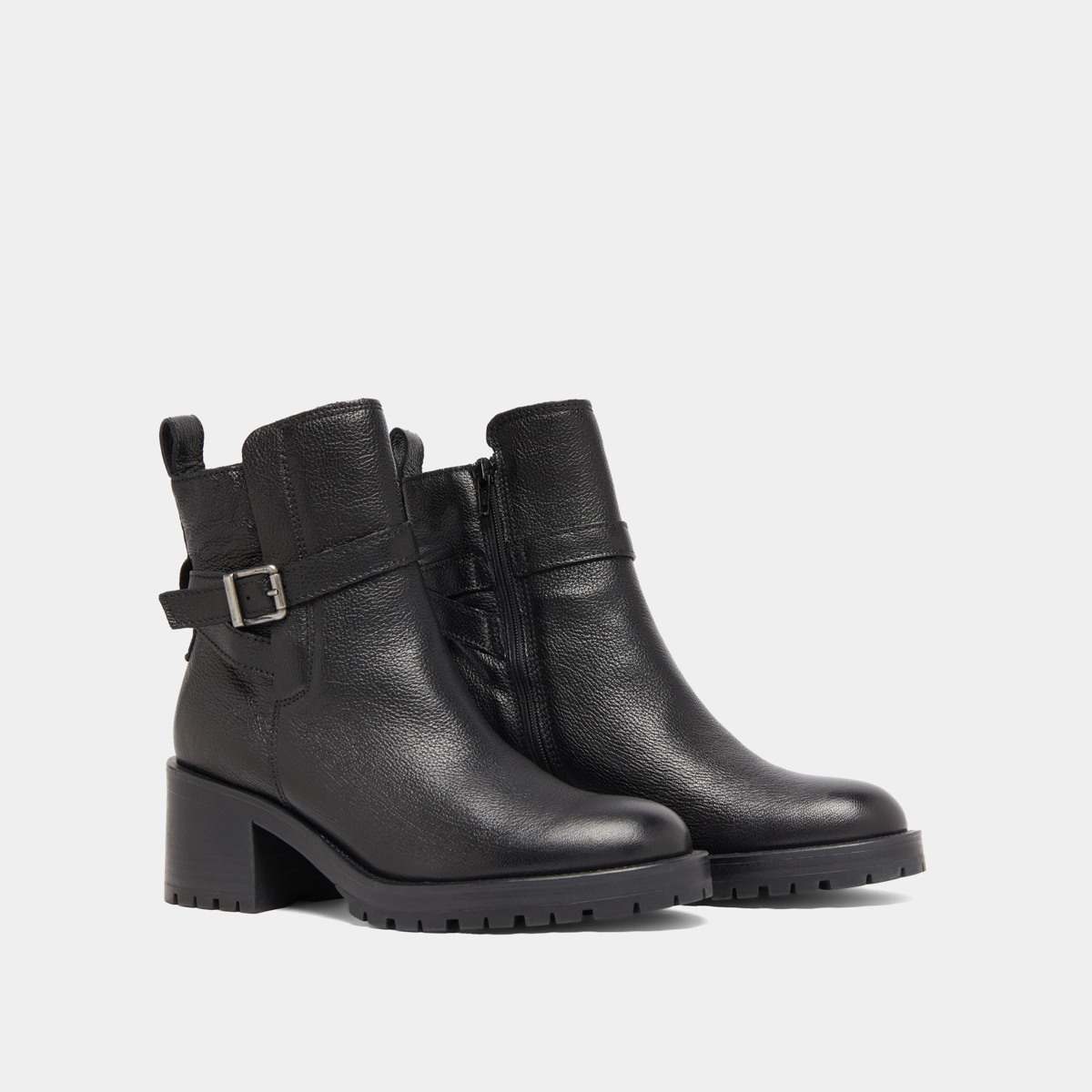 Bottines &agrave; bouts ronds et boucles en cuir grain&eacute; noir | CLOVIS | Jonak
