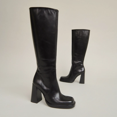 Bottes &agrave; talons et bouts carr&eacute;s en cuir noir | BERTRAND | Jonak