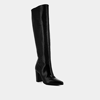 Bottes hautes à talons et bouts pointus en cuir reptile noir | BETHANY | Jonak