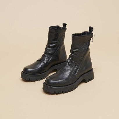 Boots &agrave; fermetures &eacute;clairs et semelles c... en cuir vieilli noir | ROLIN
