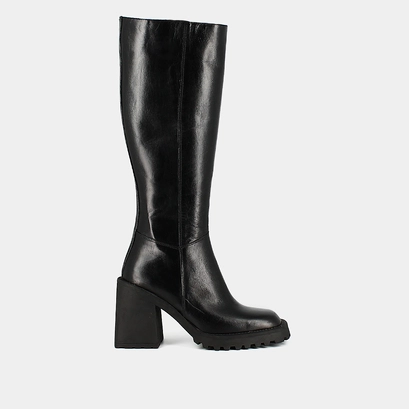Bottes hautes &agrave; semelles crant&eacute;es et bou... en cuir noir | GENE