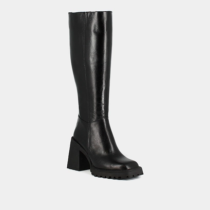 Bottes hautes &agrave; semelles crant&eacute;es et bou... en cuir noir | GENE