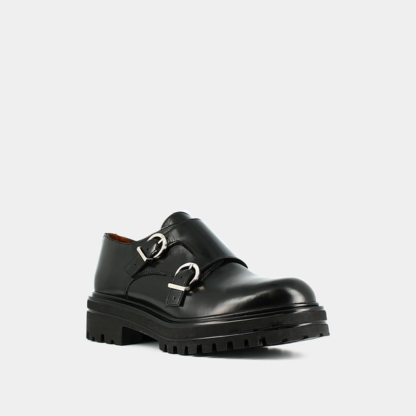 Derbies à doubles boucles et semelles cr... en cuir glacé noir | AMSTERDAM | Jonak