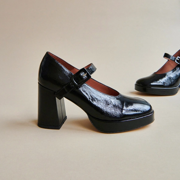 Babies à plateformes et bouts carrés en cuir brillant noir | VESOUL | Jonak