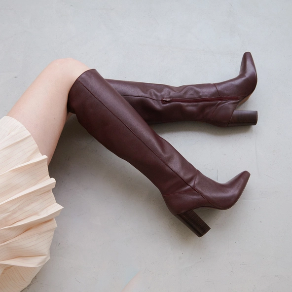 Bottes hautes à talons et bouts pointus en cuir bordeaux | BETHANY | Jonak