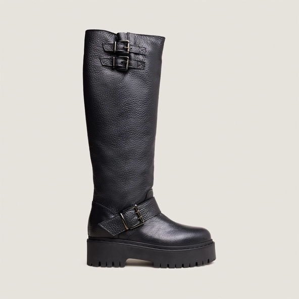 Bottes &agrave; sangles et semelles crant&eacute;es en cuir grain&eacute; noir | REINE | Jonak