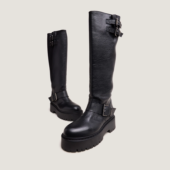 Bottes &agrave; sangles et semelles crant&eacute;es en cuir grain&eacute; noir | REINE | Jonak