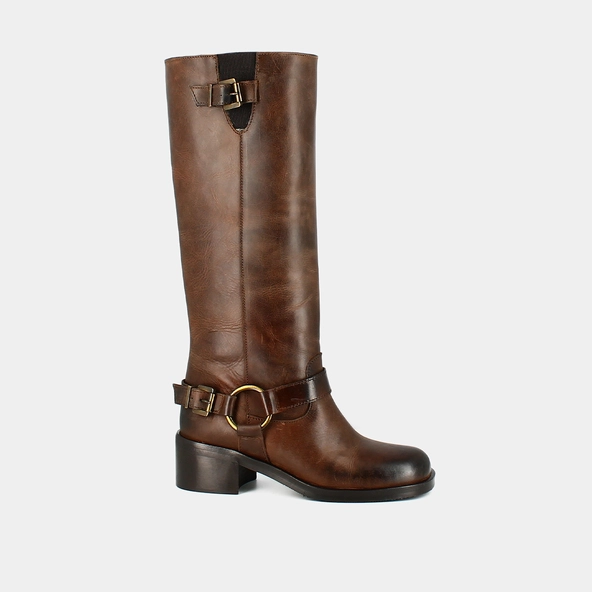 Bottes hautes à bouts ronds et boucles en cuir vieilli marron | ROYAN | Jonak
