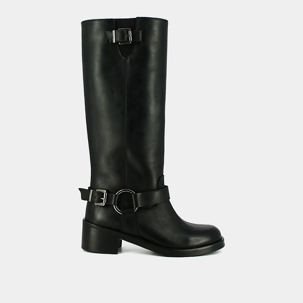 Bottes hautes &agrave; bouts ronds et boucles en cuir patin&eacute; noir | ROYAN | Jonak