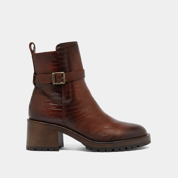 Bottines &agrave; bouts ronds et boucles en cuir reptile cognac | CLOVIS | Jonak