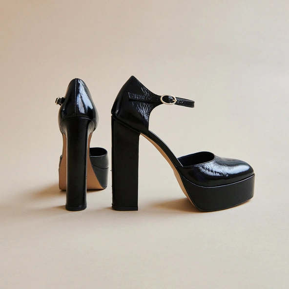 Babies à hauts talons et plateformes en cuir brillant noir | VANCOUVER | Jonak