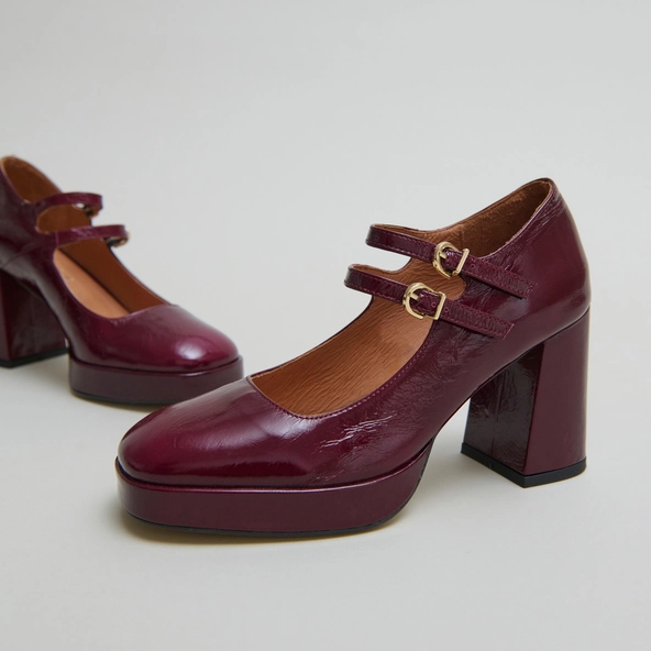 Babies à doubles brides et plateformes en vernis plissé bordeaux | VERITE | Jonak