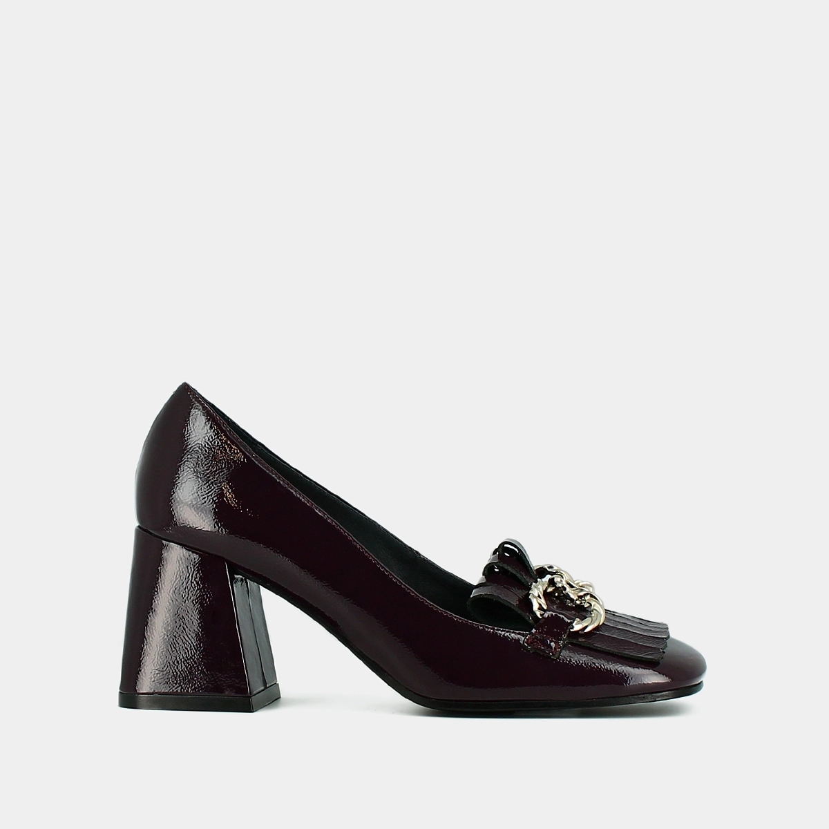 Mocassins à talons et boucles argentées... en vernis plissé violet | DOMITILLE | Jonak