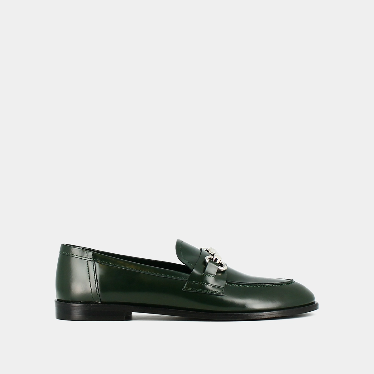 Mocassins &agrave; mors argent&eacute;s en cuir glac&eacute; vert sapin | DRAGUIGNAN | Jonak