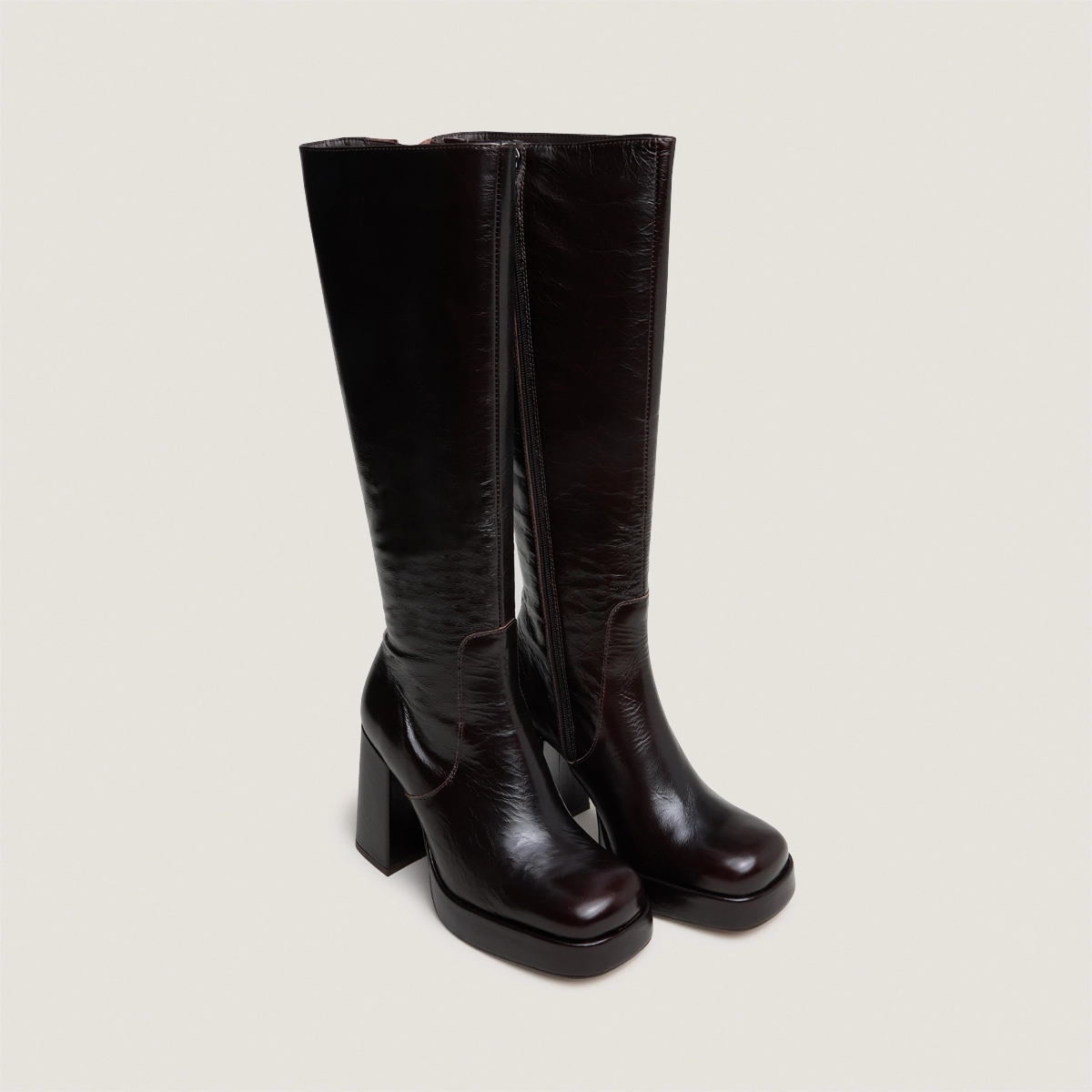 Bottes à talons et bouts carrés en cuir brillant marron foncé | BRYAN | Jonak