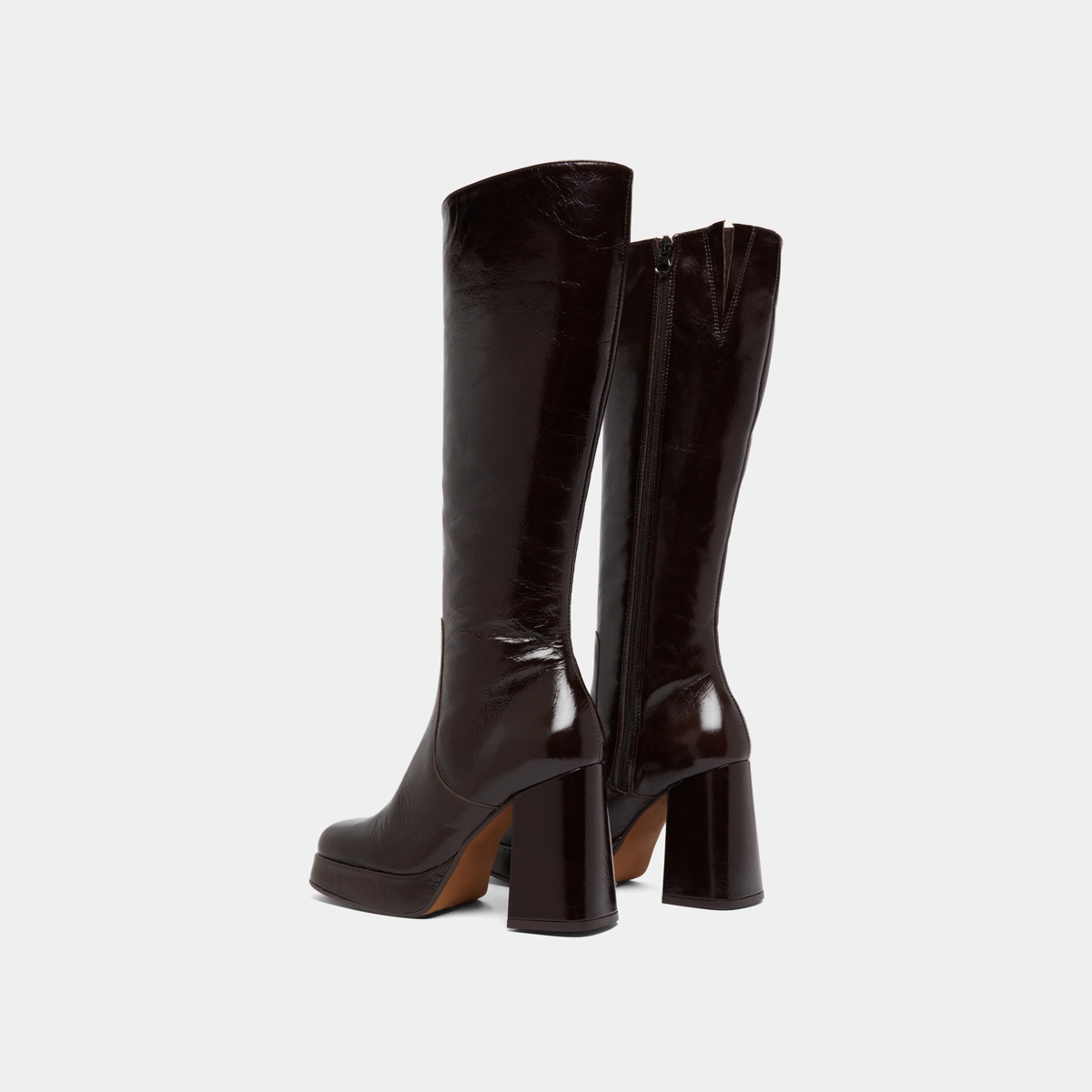 Bottes à talons et bouts carrés en cuir brillant marron foncé | BRYAN | Jonak