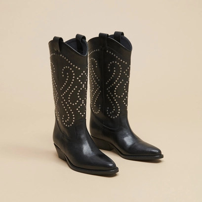 Bottes &agrave; talons biseaut&eacute;s en cuir noir | DYNASTIE | Jonak