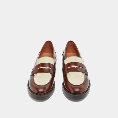 Mocassins &agrave; bouts ronds en cuir glac&eacute; marron et &eacute;cru | MIRNA