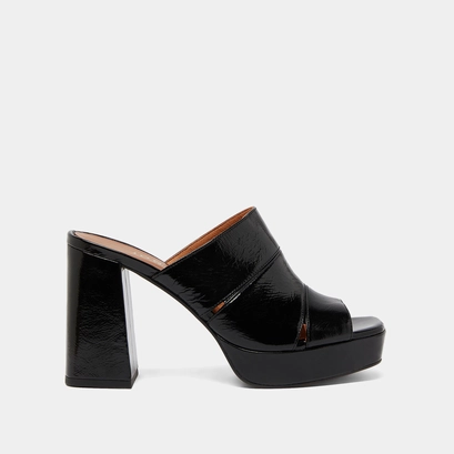 Mules &agrave; talons et bouts ouverts en cuir brillant noir | VAGABOND