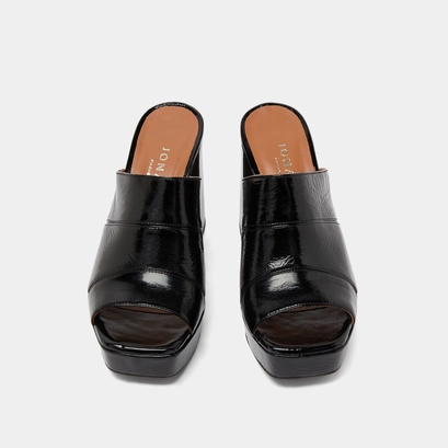 Mules &agrave; talons et bouts ouverts en cuir brillant noir | VAGABOND