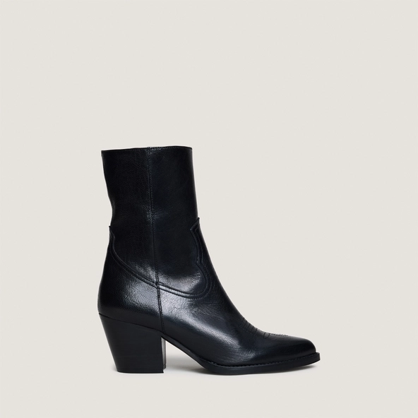 Bottines &agrave; talons et surpiqures apparentes en cuir noir | DJAMENA | Jonak
