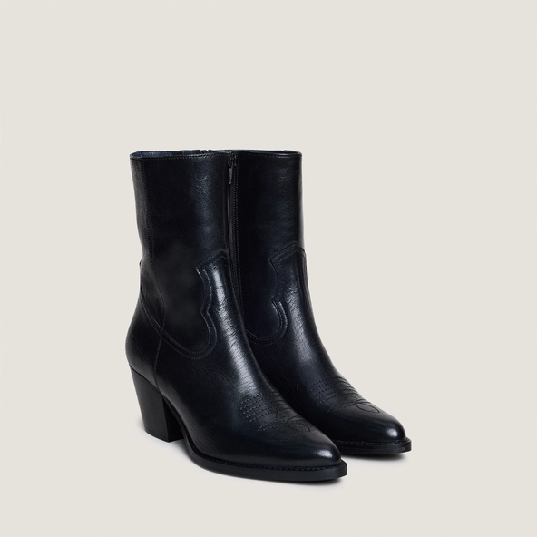 Bottines &agrave; talons et surpiqures apparentes en cuir noir | DJAMENA | Jonak