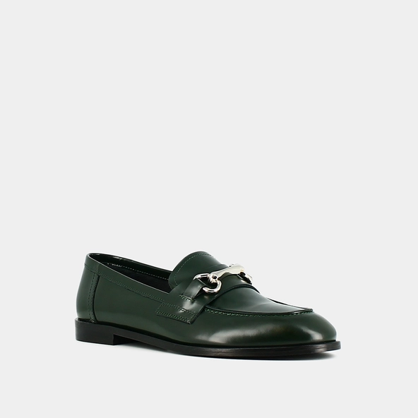 Mocassins &agrave; mors argent&eacute;s en cuir glac&eacute; vert sapin | DRAGUIGNAN | Jonak