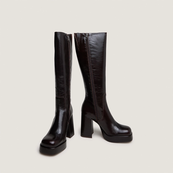 Bottes à talons et bouts carrés en cuir brillant marron foncé | BRYAN | Jonak