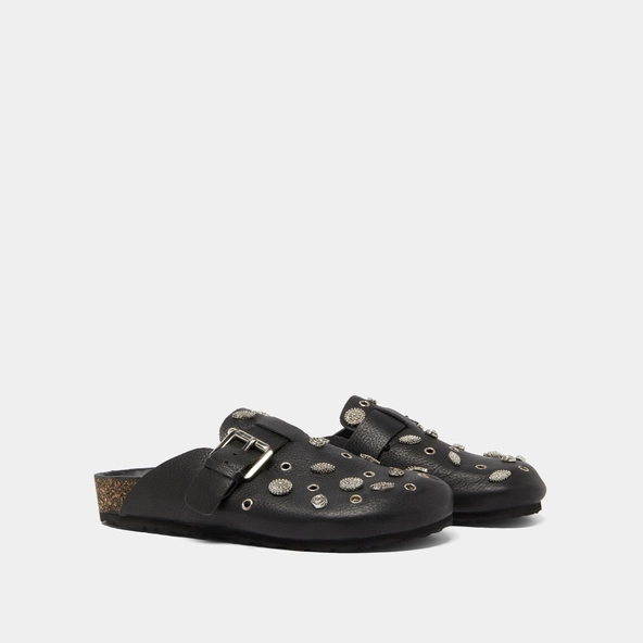 Mules &agrave; d&eacute;tails argent&eacute;s en cuir grain&eacute; noir | WASILA | Jonak