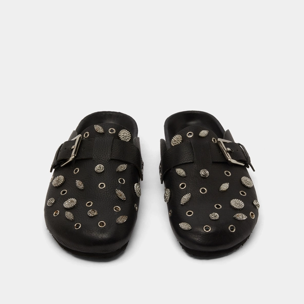 Mules &agrave; d&eacute;tails argent&eacute;s en cuir grain&eacute; noir | WASILA | Jonak