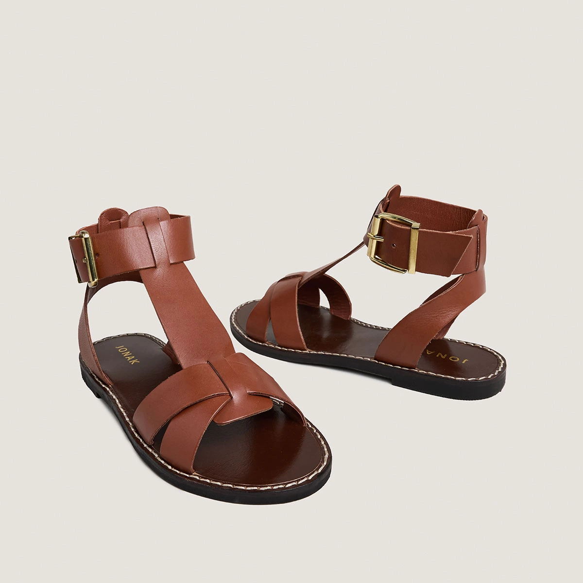 Sandales &agrave; boucles et brides en cuir cognac | WHISPER | Jonak