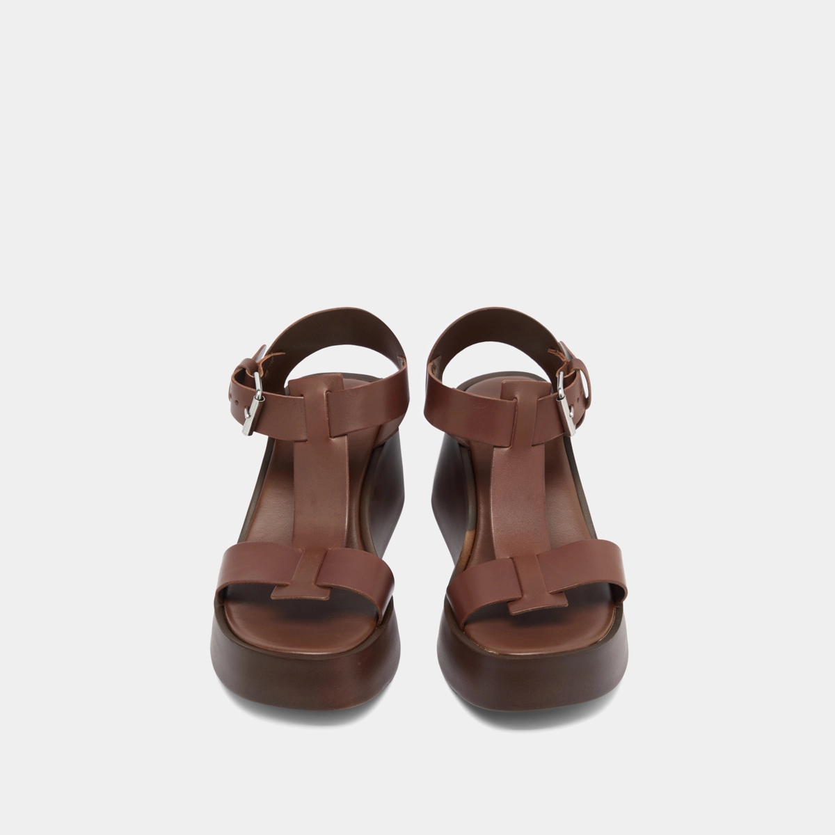 Sandales compens&eacute;es &agrave; boucles ajustables en cuir marron fonc&eacute; | ESTELLE | Jonak