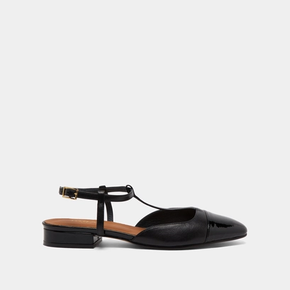 Ballerines &agrave; boucles ajustables en vernis et cuir noirs | DHAPUS