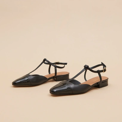 Ballerines &agrave; boucles ajustables en vernis et cuir noirs | DHAPUS